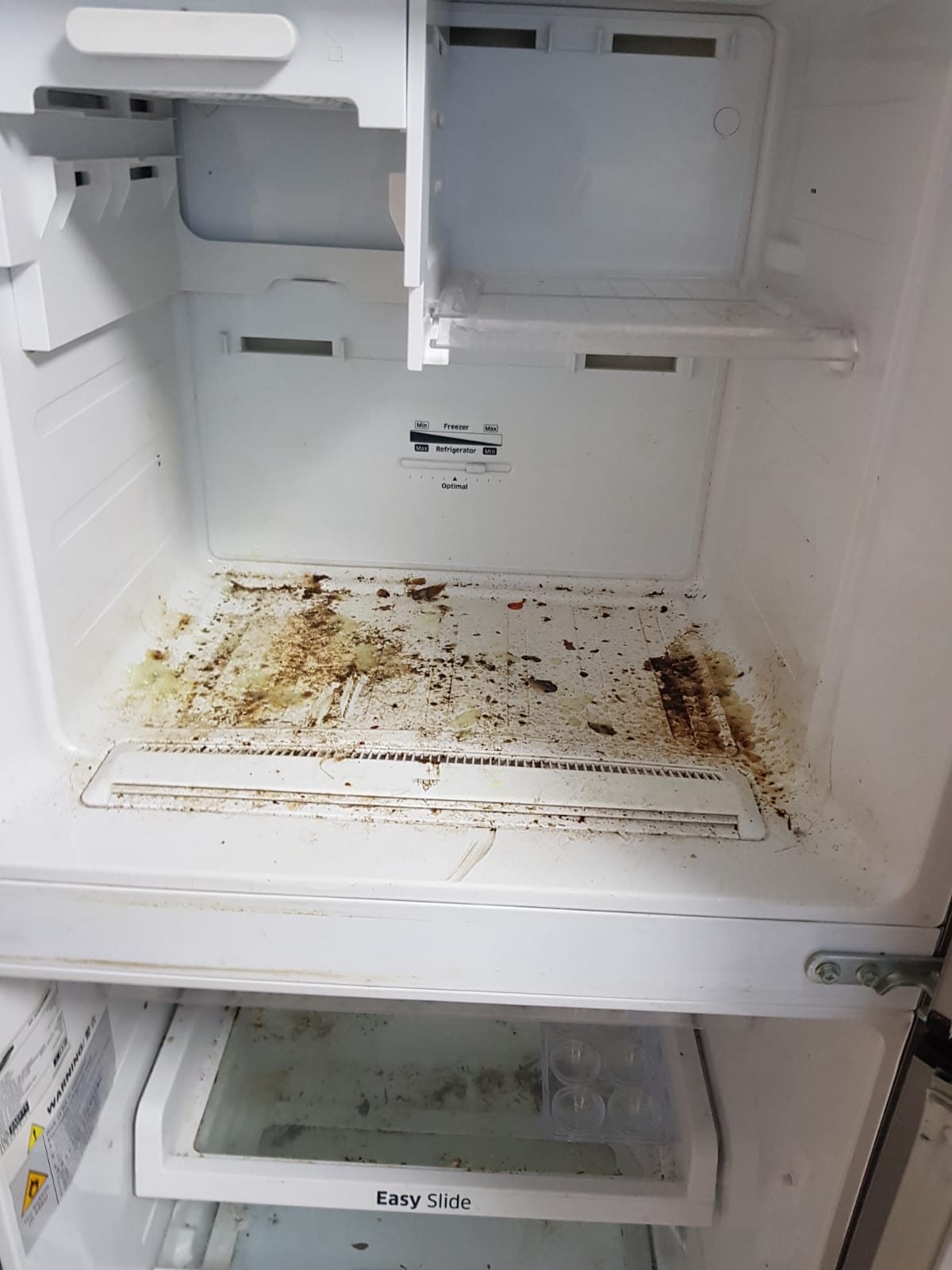 a dirty refrigerator that has not been well cleaned over time, molds and bacteria growing on surface